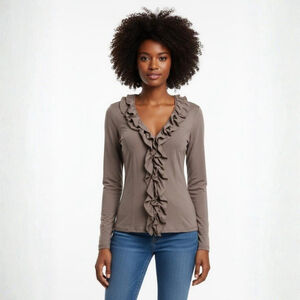 Clara Sunwoo Taupe Ruffle Long Sleeve Tee - Medium